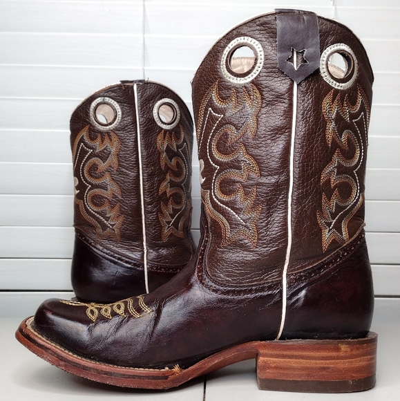 Boots Men's Brown Leather Pull-On Square Toe Rodeo Cowboy Western Boots Sz 8 - Picture 8 of 16